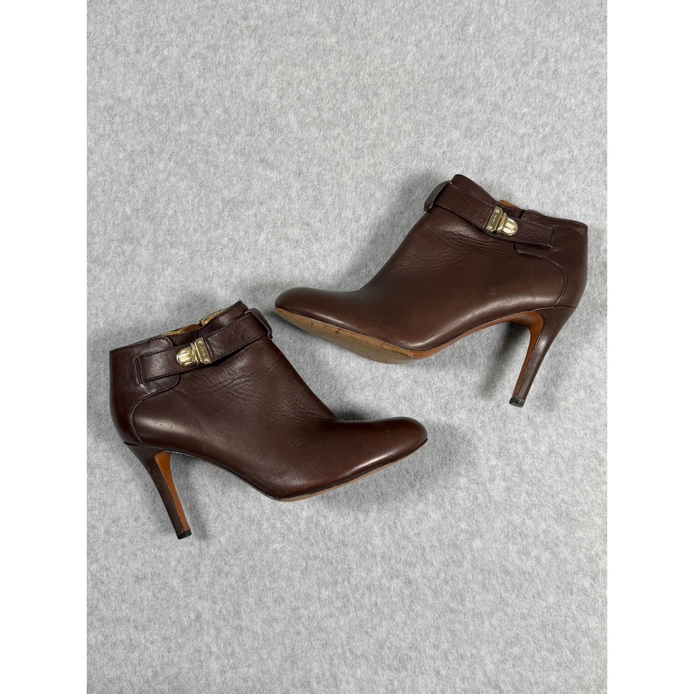 Coach Sondra Booties Womens 8B Brown Leather Stiletto Ankle Boots Gold Pushlock